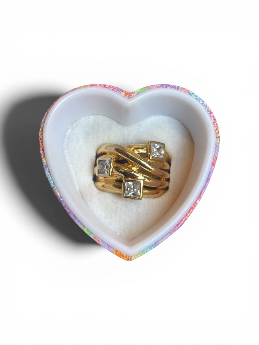 925 Sterling Silver Gold Vermeil Multi-Row Ring with 3 Princess Cut CZ’s Size 5